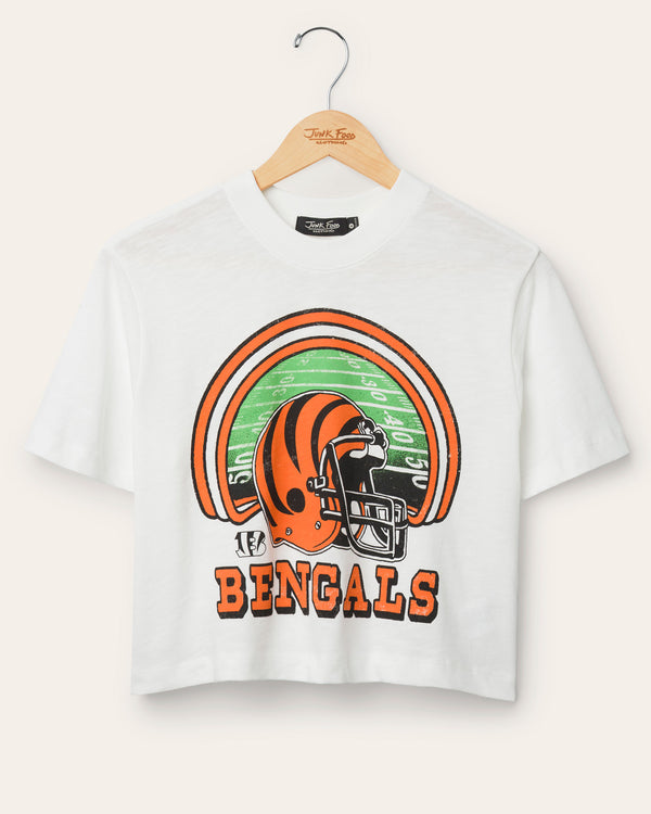 junk food clothing Women's Cincinnati Bengals Game Time Mock Neck Crop Tee Vintage White