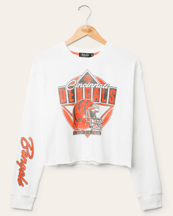 junk food clothing Women's Cincinnati Bengals Helmet Crop Fleece Vintage White
