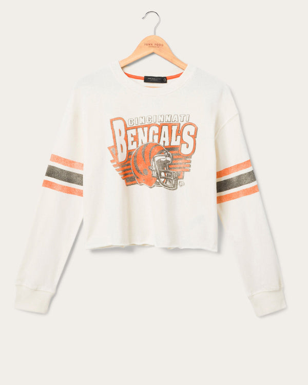 junk food clothing Women's Cincinnati Bengals Kickoff Crop Crew Fleece Vintage White
