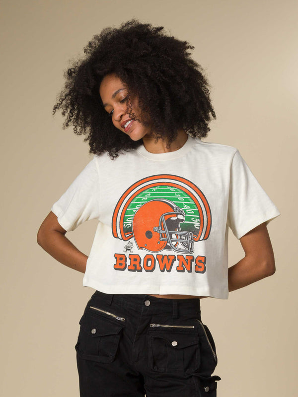Junk Food Clothing Women's Cleveland Browns Game Time Mock Neck Crop Tee Vintage White