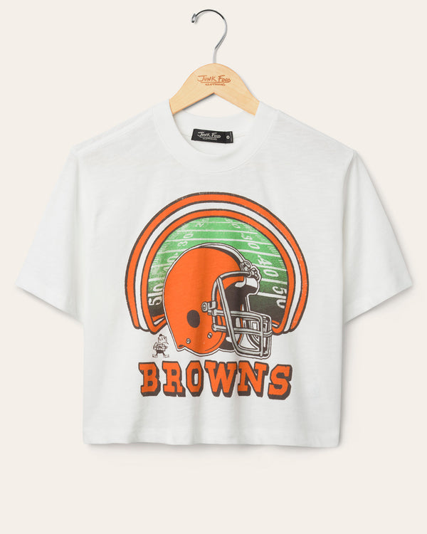 junk food clothing Women's Cleveland Browns Game Time Mock Neck Crop Tee Vintage White