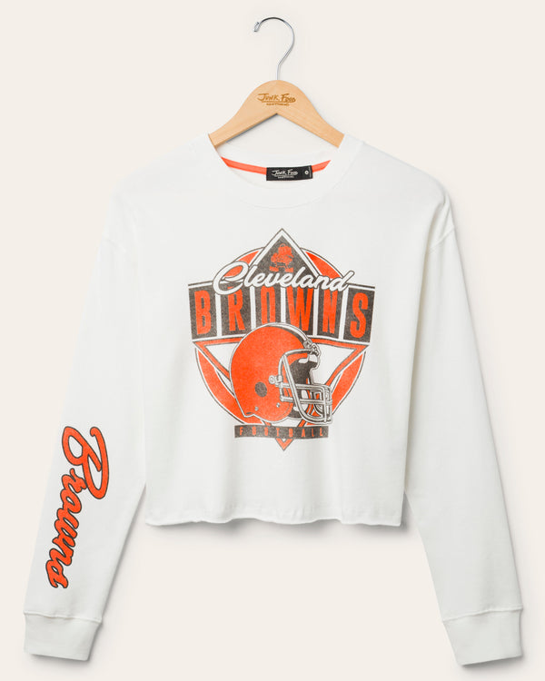 junk food clothing Women's Cleveland Browns Helmet Crop Fleece Vintage White