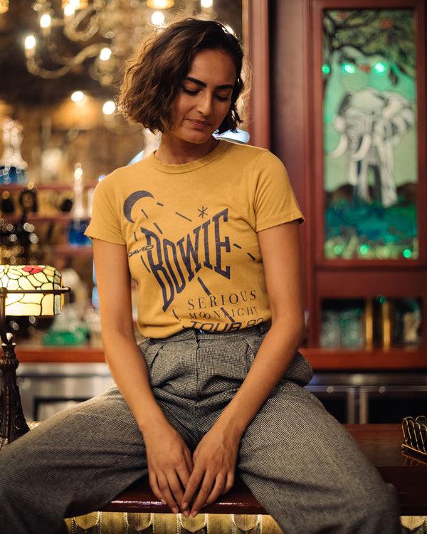 Junk Food Clothing Women's David Bowie US Tour '82 Original Tee Spruce Yellow