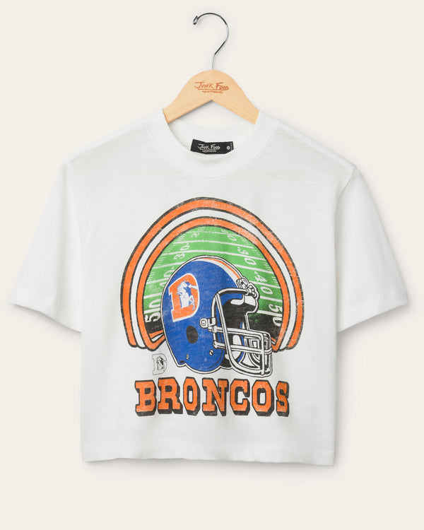 junk food clothing Women's Denver Broncos Game Time Mock Neck Crop Tee Vintage White
