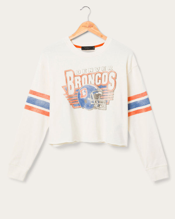 junk food clothing Women's Denver Broncos Kickoff Crop Crew Fleece Vintage White