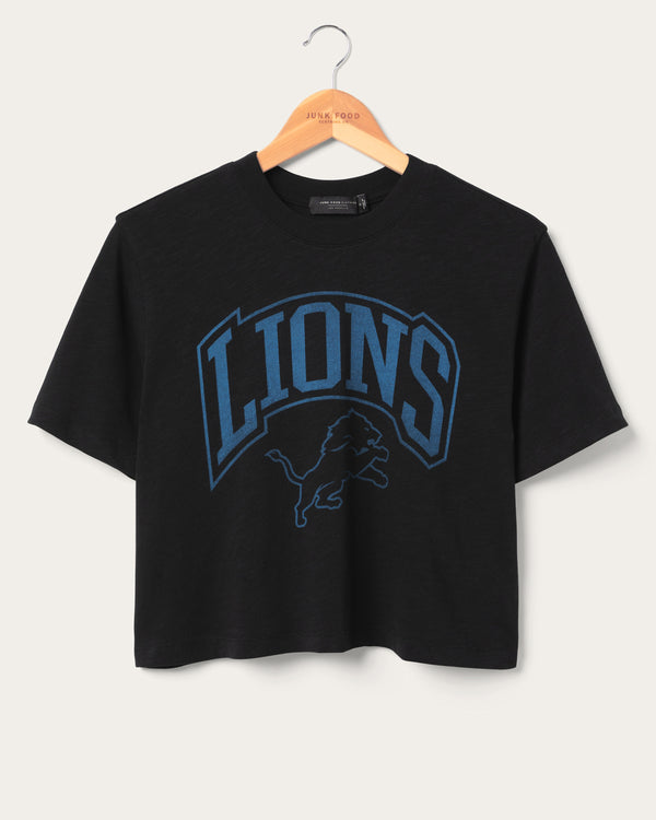 junk food clothing Women's Detroit Lions Blitz Mock Neck Crop Black