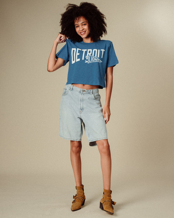 Junk Food Clothing Women's Detroit Lions Dual Threat Mock Neck Crop Tee Lions Blue