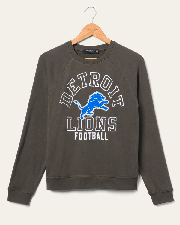 junk food clothing Women's Detroit Lions Flocked Raglan Crew Fleece Vintage Black