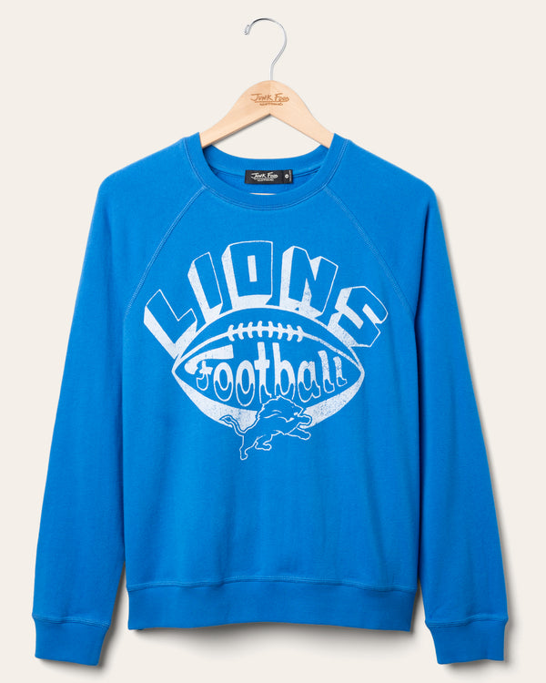 junk food clothing Women's Detroit Lions Football Raglan Crew Fleece Lions Blue