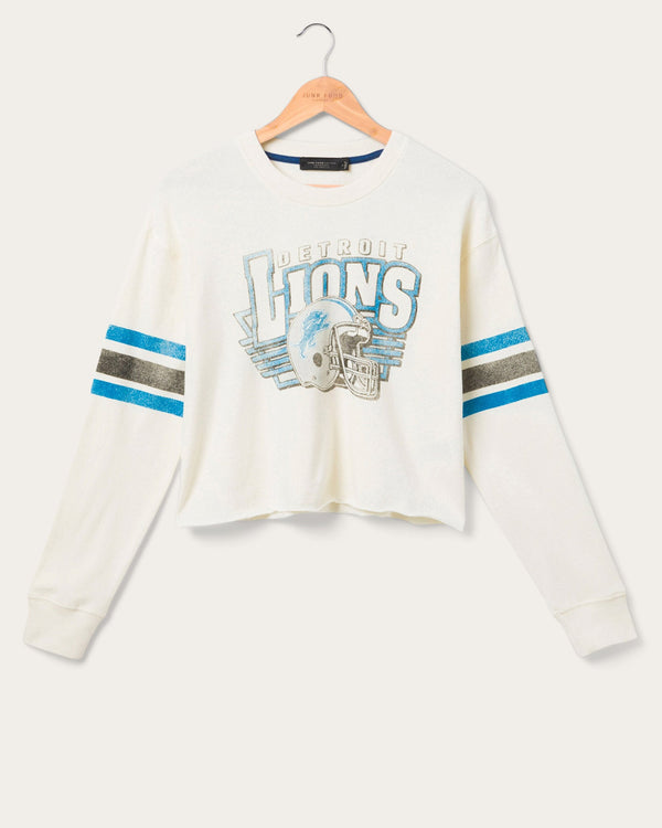 junk food clothing Women's Detroit Lions Kickoff Crop Crew Fleece Vintage White