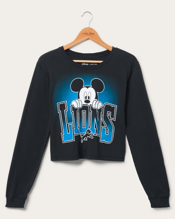 junk food clothing Women's Detroit Lions Mickey Hang on Crop Long Sleeve Black