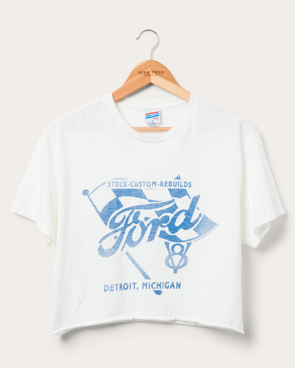 junk food clothing Women's Ford Flag Flea Market Crop Tee White