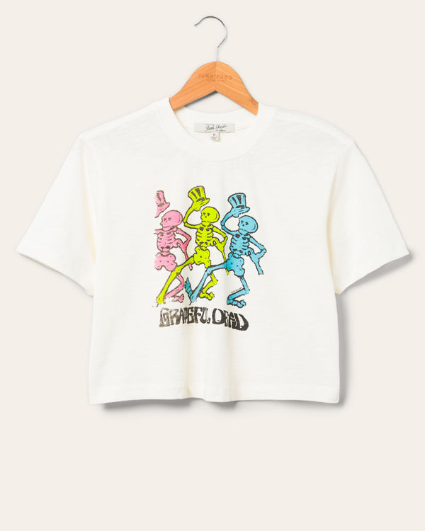junk food clothing Women's Grateful Dead Dancing Skeletons Crop Mock Neck Tee Vintage White