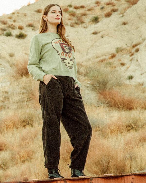 Junk Food Clothing Women's Grateful Dead Skull Raglan Crew Fleece Sage