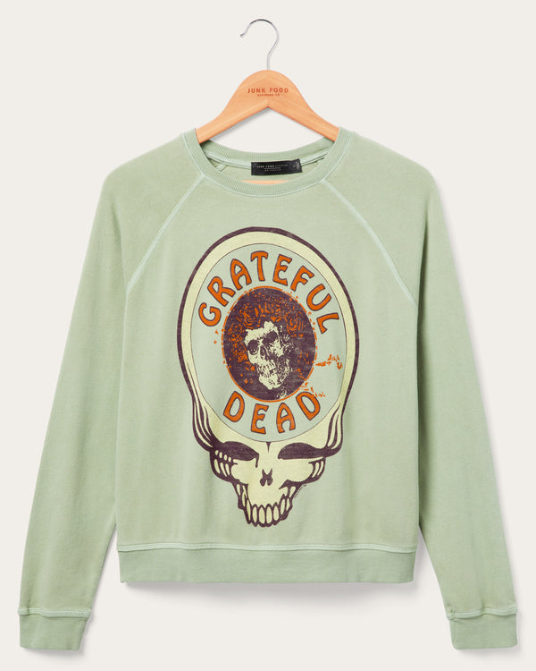 junk food clothing Women's Grateful Dead Skull Raglan Crew Fleece Sage