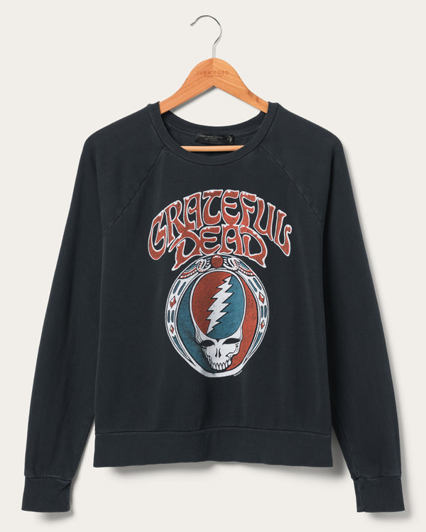 junk food clothing Women's Grateful Dead Skull Vintage Raglan Pullover Vintage Black