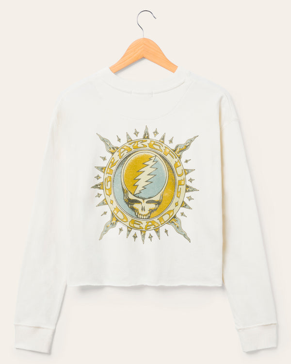 Junk Food Clothing Women's Grateful Dead Sun Cropped Crew Fleece Vintage White