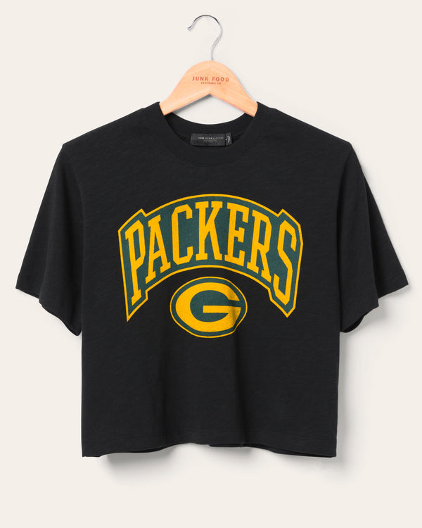 junk food clothing Women's Green Bay Packers Blitz Mock Neck Crop Tee Black