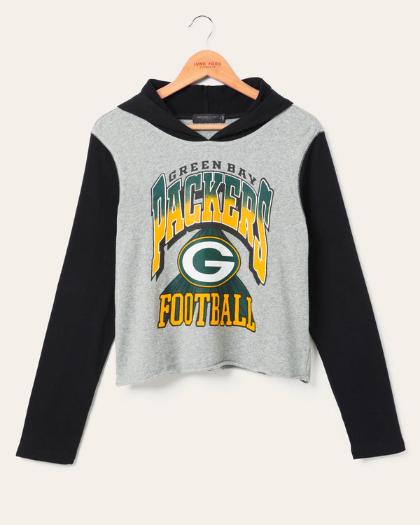 junk food clothing Women's Green Bay Packers Block Crop Hoodie Heather Grey/Black