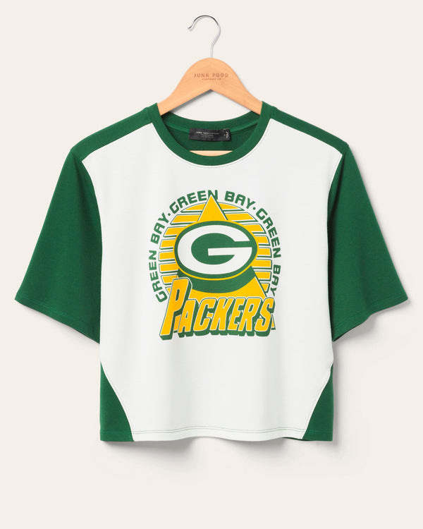junk food clothing Women's Green Bay Packers Color Block Crop Tee White/Hunter