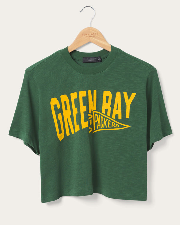 junk food clothing Women's Green Bay Packers Dual Threat Mock Neck Crop Tee Hunter
