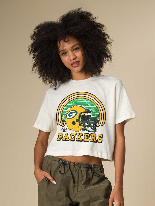 Junk Food Clothing Women's Green Bay Packers Game Time Mock Neck Crop Tee Vintage White