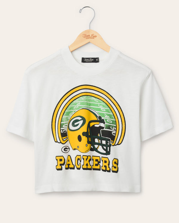 junk food clothing Women's Green Bay Packers Game Time Mock Neck Crop Tee Vintage White