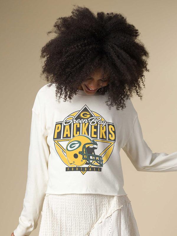 Junk Food Clothing Women's Green Bay Packers Helmet Crop Fleece Vintage White