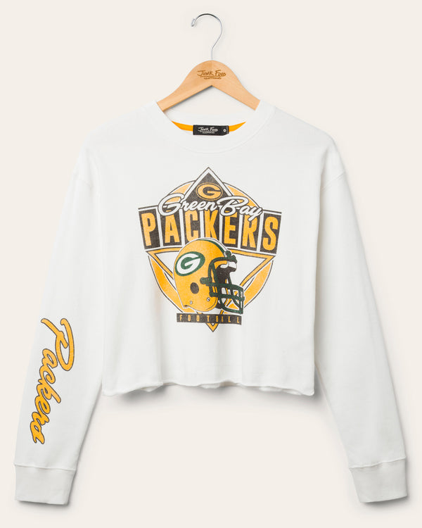 junk food clothing Women's Green Bay Packers Helmet Crop Fleece Vintage White