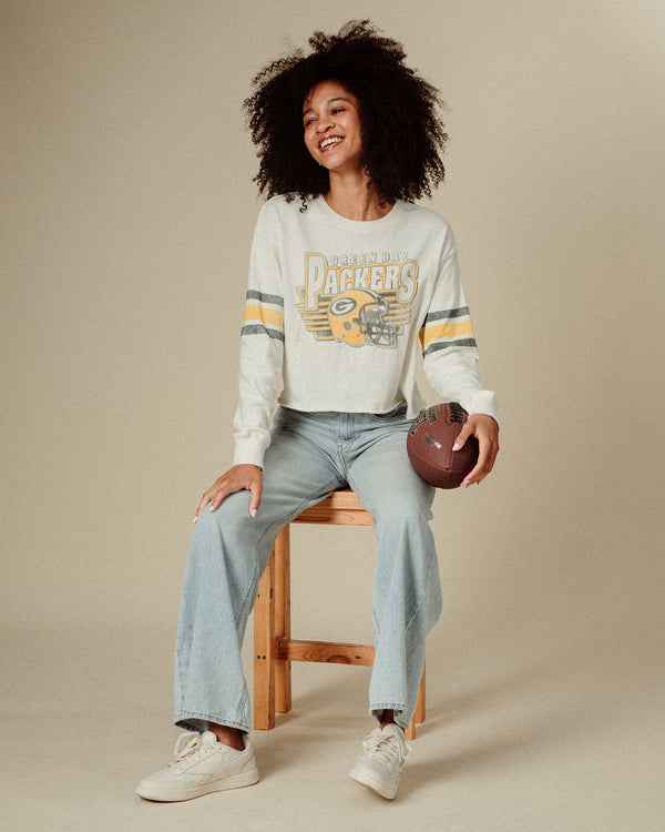 Junk Food Clothing Women's Green Bay Packers Kickoff Crop Crew Fleece Vintage White
