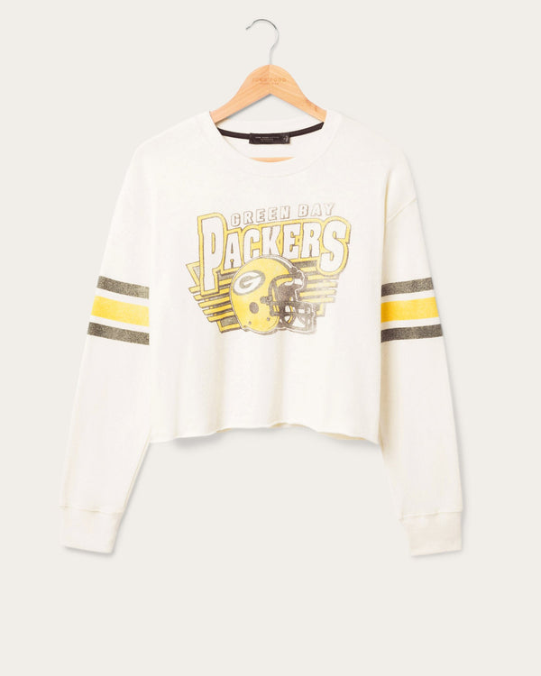 junk food clothing Women's Green Bay Packers Kickoff Crop Crew Fleece Vintage White