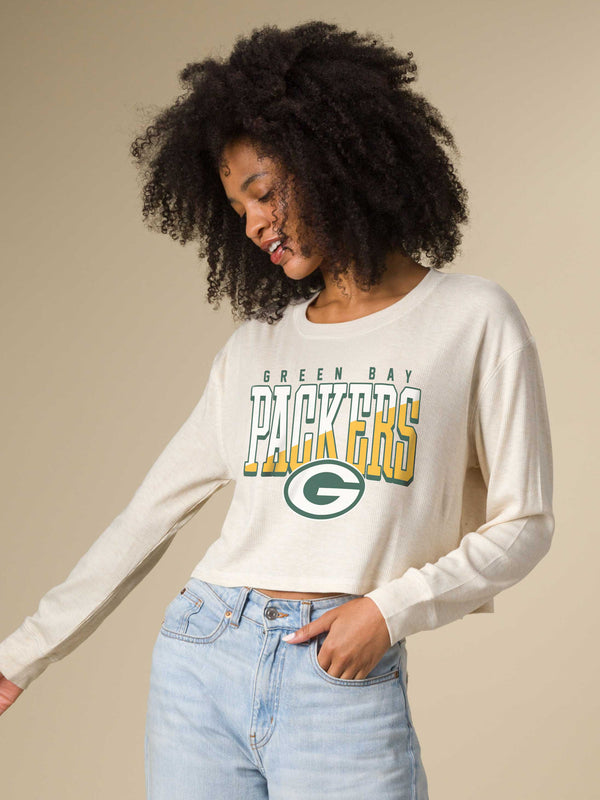 Junk Food Clothing Women's Green Bay Packers Slant Crop Thermal Oatmeal