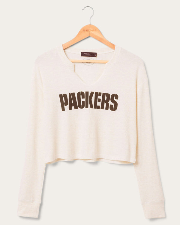 junk food clothing Women's Green Bay Packers Sunday Crop Thermal Oatmeal