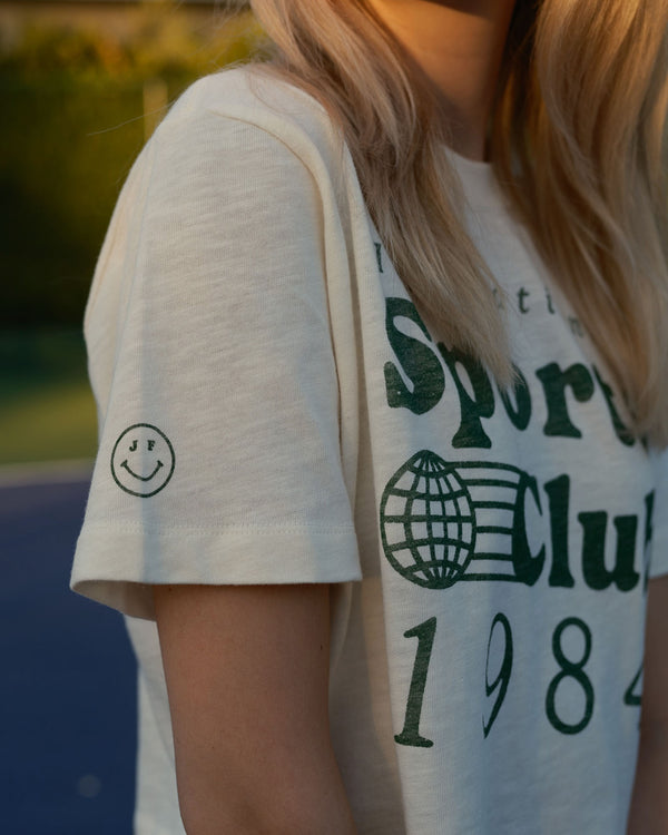 Junk Food Clothing Women's International Sports Club 1984 Mock Neck Crop Tee Vintage White