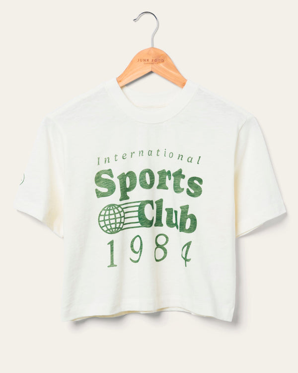 junk food clothing Women's International Sports Club 1984 Mock Neck Crop Tee Vintage White