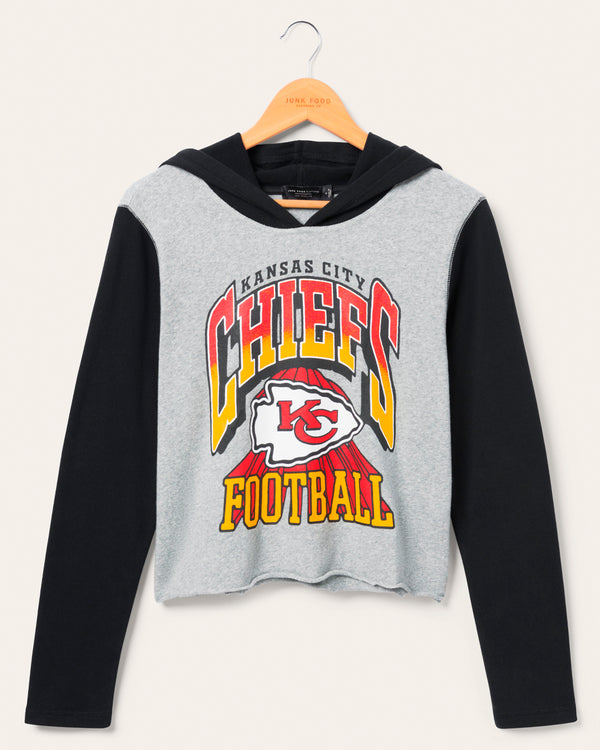 junk food clothing Women's Kansas City Chiefs Block Crop Hoodie Heather Grey/Black