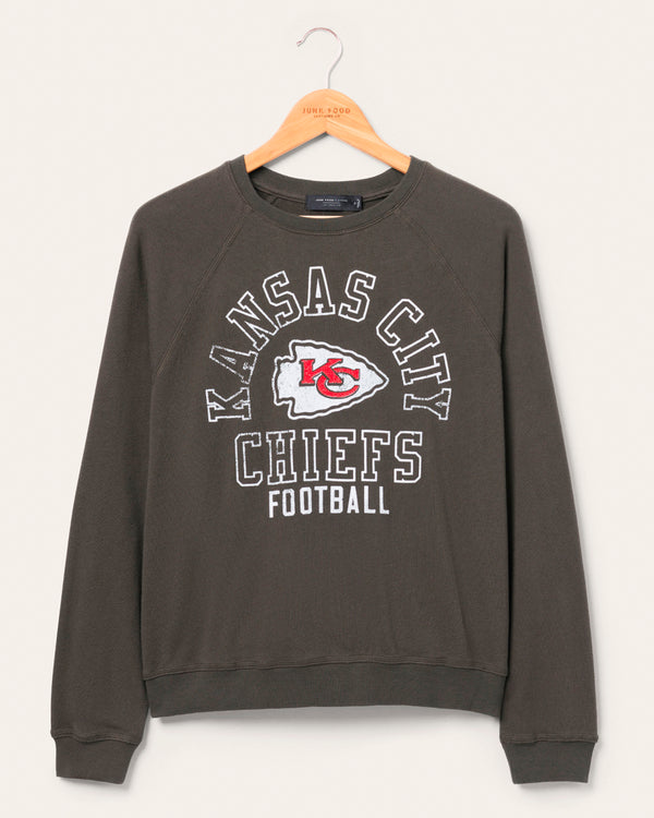 junk food clothing Women's Kansas City Chiefs Flocked Raglan Crew Fleece Vintage Black