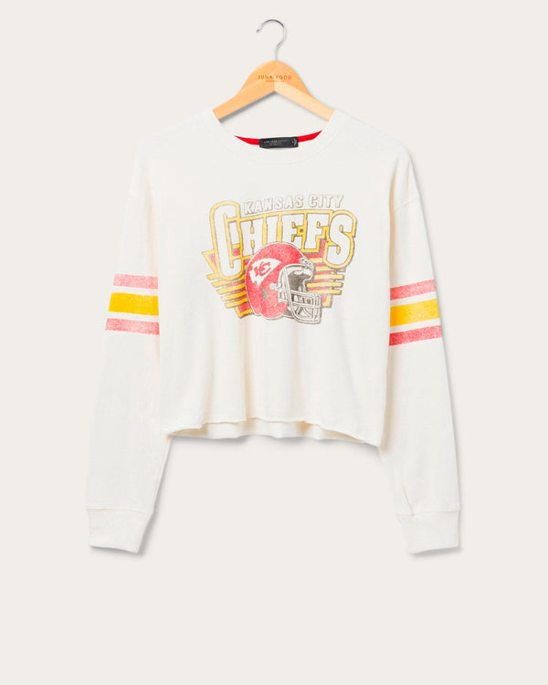 junk food clothing Women's Kansas City Chiefs Kickoff Crop Crew Fleece Vintage White