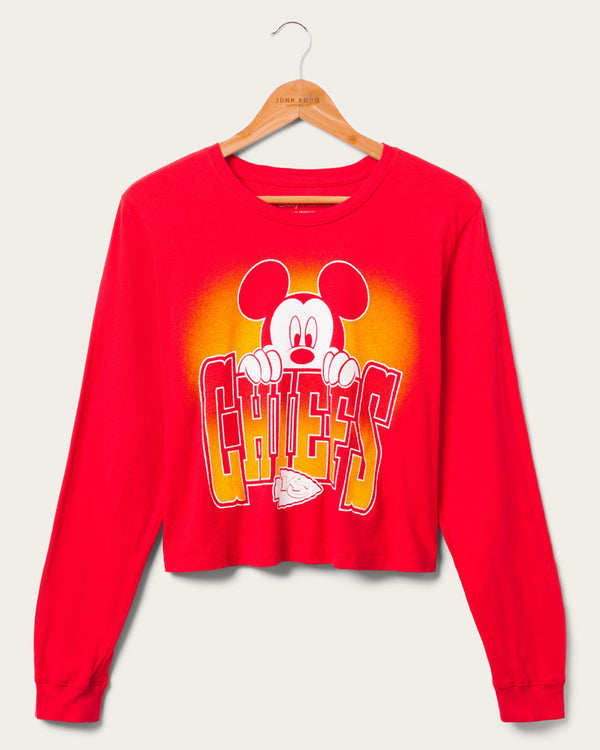junk food clothing Women's Kansas City Chiefs Mickey Hang on Crop Long Sleeve Licorice