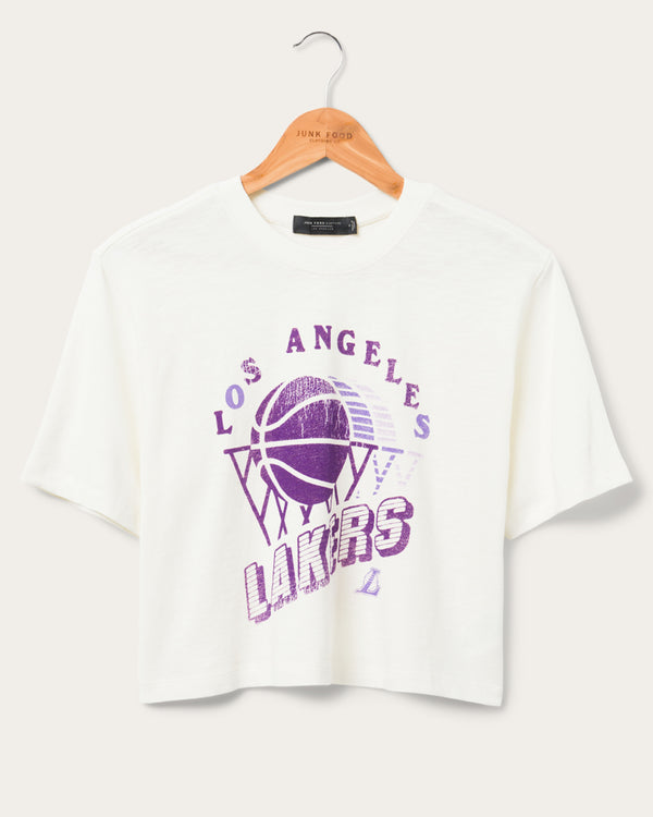 junk food clothing Women's Lakers Short Sleeve Mock Neck Crop Tee White