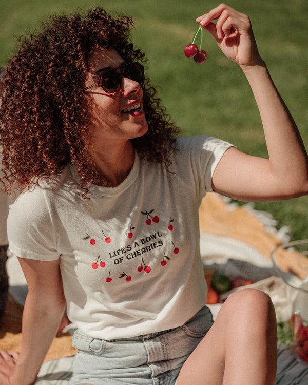 Junk Food Clothing Women's Life's A Bowl Of Cherries Original Tee Vintage White