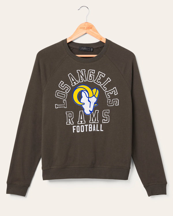 junk food clothing Women's Los Angeles Rams Flocked Raglan Crew Fleece Vintage Black