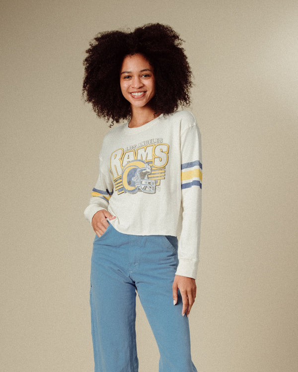 Junk Food Clothing Women's Los Angeles Rams Kickoff Crop Crew Fleece Vintage White