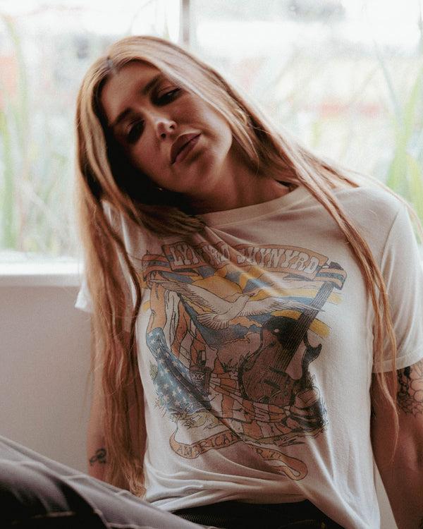 Junk Food Clothing Women's Lynyrd Skynyrd American Tour '77 Vintage Tissue Tee Vintage White