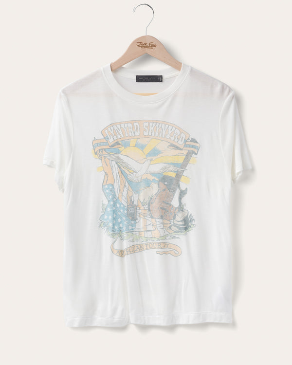 junk food clothing Women's Lynyrd Skynyrd American Tour '77 Vintage Tissue Tee Vintage White