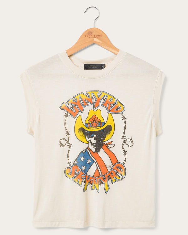 junk food clothing Women's Lynyrd Skynyrd Skull Cowboy Vintage Tissue Tank Birch