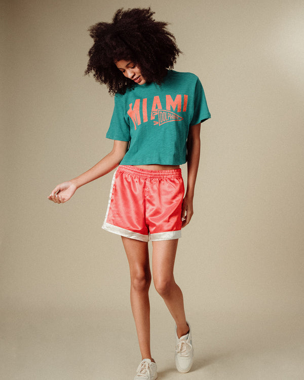 Junk Food Clothing Women's Miami Dolphins Dual Threat Mock Neck Crop Tee Teal