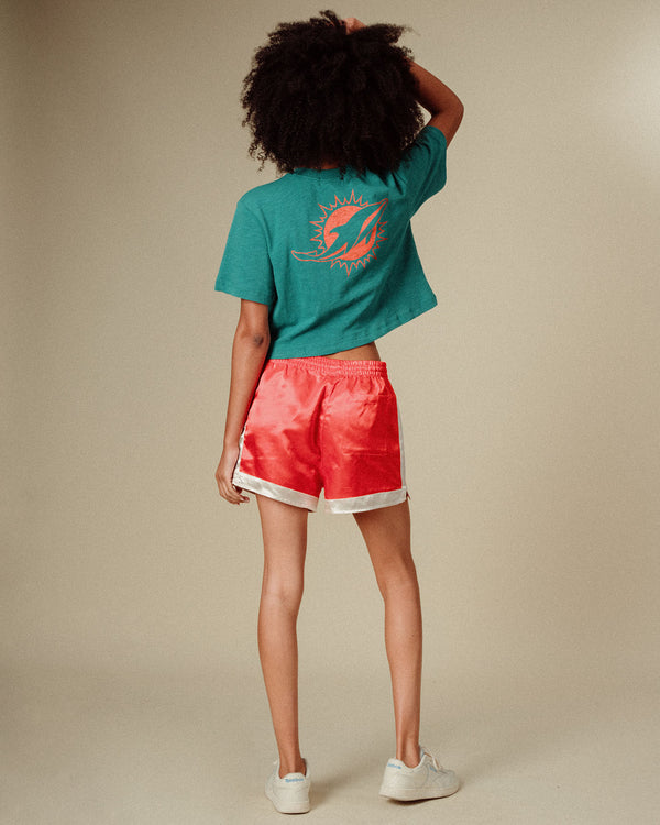 Junk Food Clothing Women's Miami Dolphins Dual Threat Mock Neck Crop Tee Teal