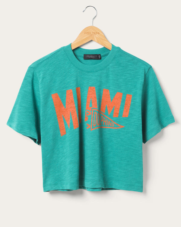 junk food clothing Women's Miami Dolphins Dual Threat Mock Neck Crop Tee Teal