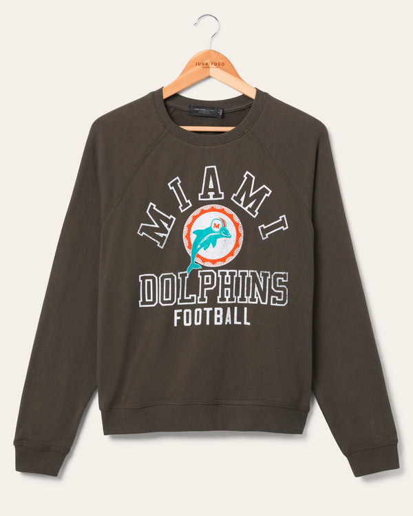 junk food clothing Women's Miami Dolphins Flocked Raglan Crew Fleece Vintage Black